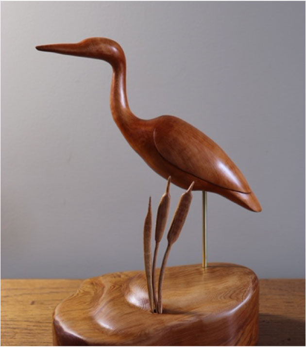 Carver: John Burwash
Title: Heron, Stylized
Wood: Yew, Red Cedar Base Cattails in Cherry
Dimension: 7 x 5 x 11 inches
Finish: Tung Oil